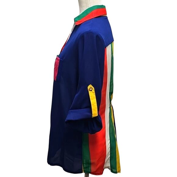 Xception Women Colorful Striped Semi-Sheer Button-Up Gathered Back Blouse Size L - Picture 2 of 7